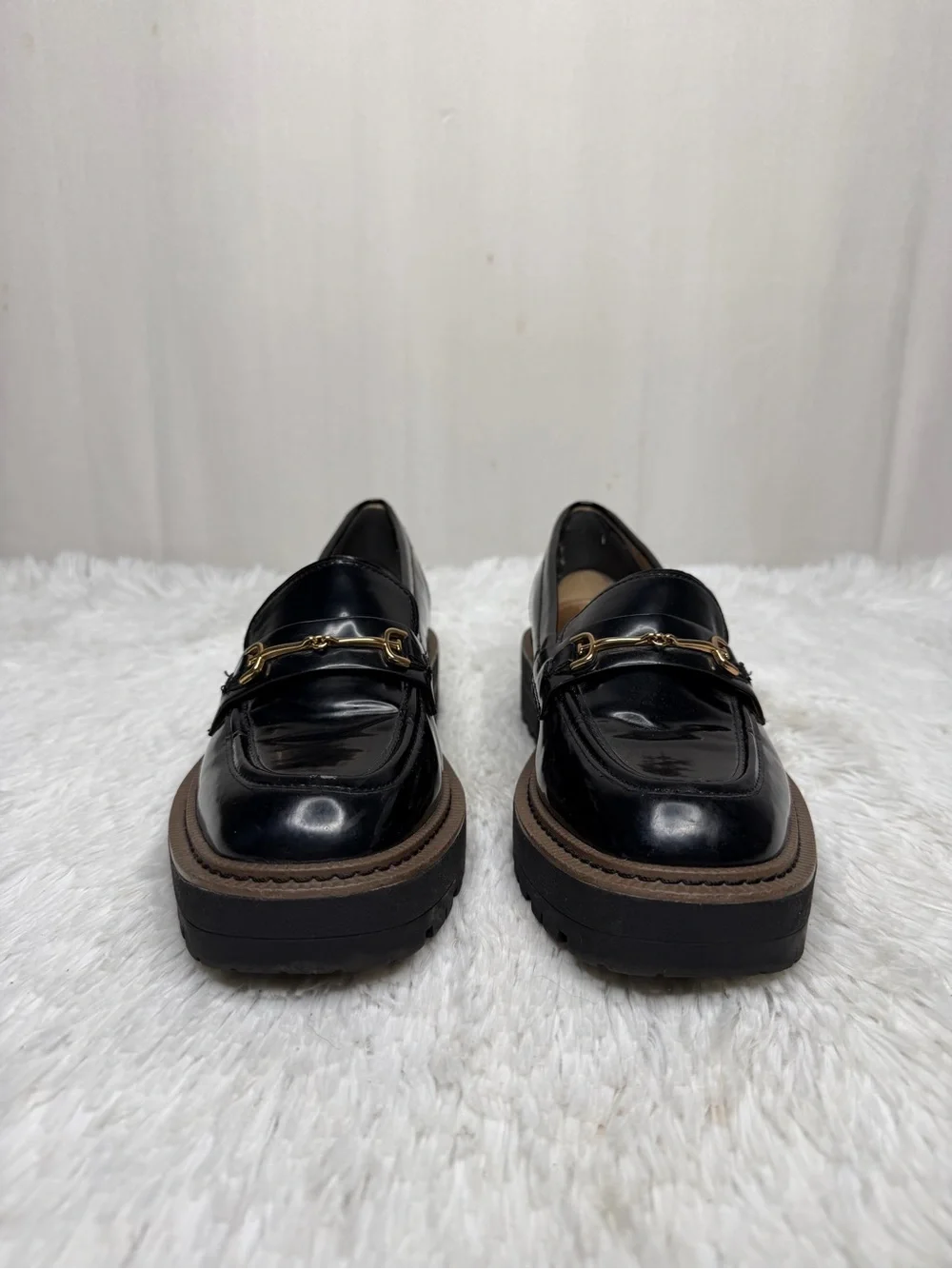 SAM EDELMAN / Laurs Chunky Black Patent Loafers Lug Sole Gold Horse Bit / 7.5